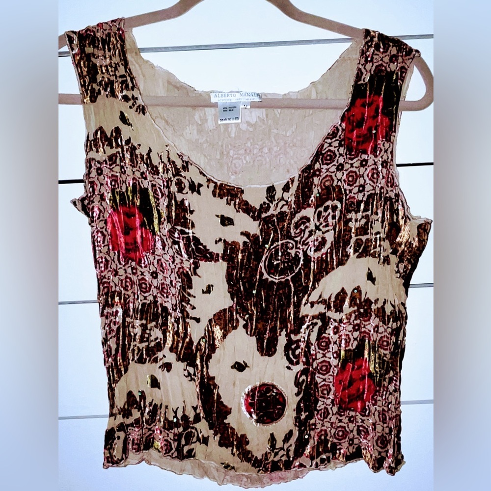 Alberto Makali Cream and Brown Floral Sequin Tank Top with Red Accents